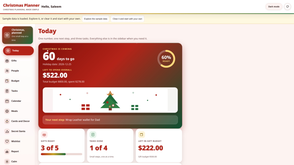 Christmas Planner Today view